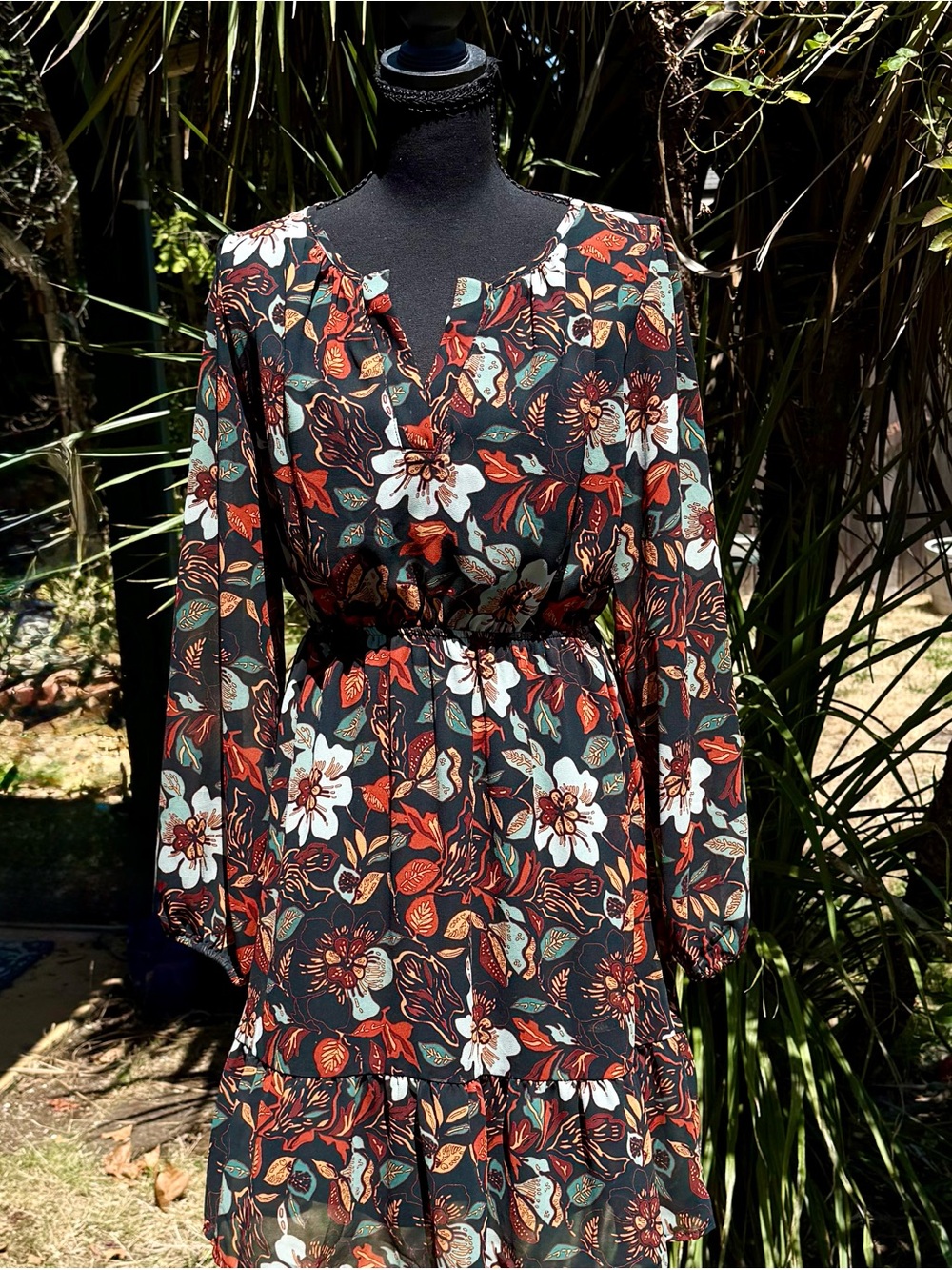 Gilli Black Multi Floral Long Sleeve Tiered Dress